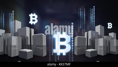 Digital composite de l'icône de Bitcoin et lignes de code binaire au-dessus de ville Banque D'Images