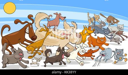 Cartoon illustration de l'exécution de drôles d'animaux chiens et chats groupe caractères Illustration de Vecteur