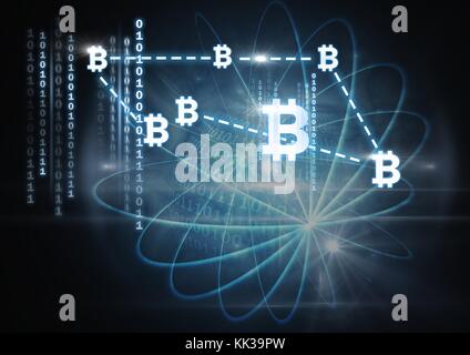 Digital composite d'icônes graphiques bitcoin et code binaire de la connexion Banque D'Images