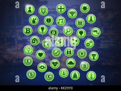 Digital composite de divers icônes app en ville la nuit Banque D'Images