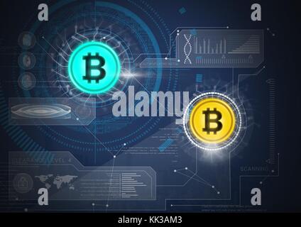 Digital composite d'icônes Bitcoin avec le circuit de l'énergie et des technologies graphiques Banque D'Images