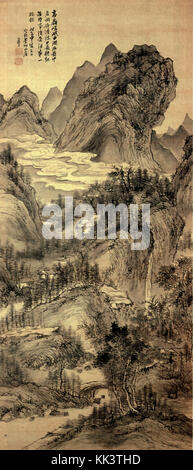 Itsuun Kinoshita Paysage d'automne encre sur soie hanging scroll Banque D'Images