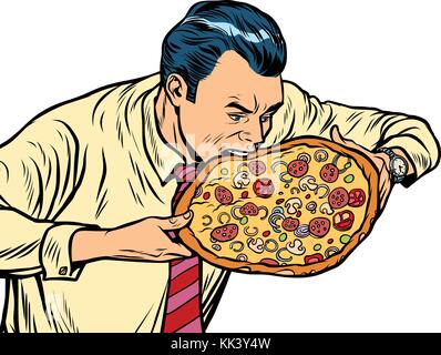 Man eating pizza, isolé sur fond blanc. Le pop art retro vector illustration Illustration de Vecteur