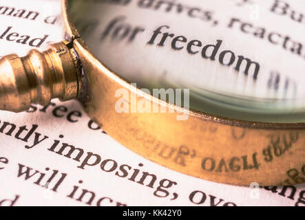 Une image évocatrice du mot "liberté" a souligné avec un vieux et golden loupe. Il pourrait symboliser, par exemple, la recherche, la quête o Banque D'Images