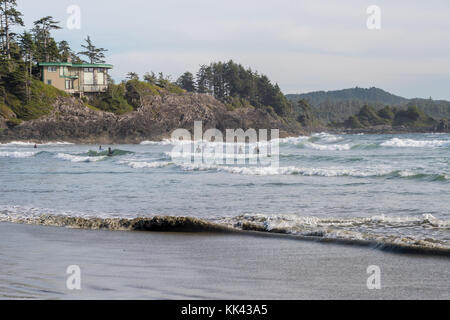 Surfers sur Chesterman beach près de Tofino, Colombie-Britannique, Canada (septembre 2017) Banque D'Images