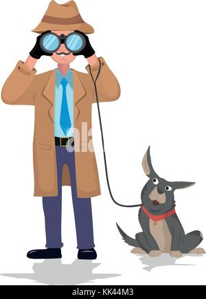 Le détective avec des jumelles et de chien sur fond blanc. Illustration de Vecteur