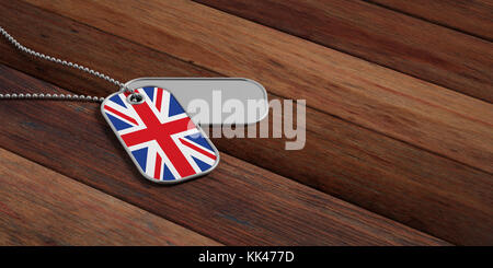 Concept de l'armée britannique, drapeau anglais chien identification tags sur fond de bois. 3d illustration Banque D'Images