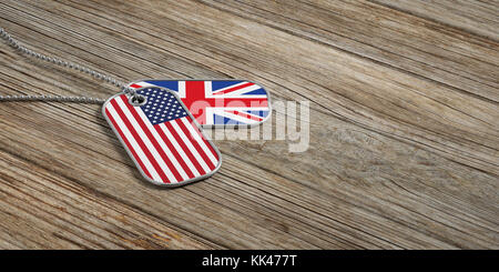 États-unis et Royaume-Uni, l'identification des relations militaires dog tags sur fond de bois. 3d illustration Banque D'Images
