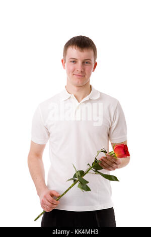 Young man holding rose flower isolated on white Banque D'Images