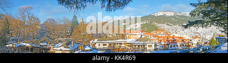 Metsovo, Grèce - janvier 2, 2012 : panorama de la ville avec de nombreux chalets, marché touristique et montagnes pindus sur l'arrière-plan, le 2 janvier dans Banque D'Images