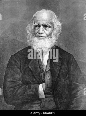 Portrait gravé à la main de William Cullen Bryant, poète, journaliste et rédacteur en chef américain de longue date du New York Evening Post, assis, avec sa main dans sa veste, New York, 1870. De la bibliothèque publique de New York. Banque D'Images