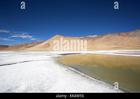 Jaune et orange en paysage aride et couches de sel sur une claire journée d'automne à une fluctuation du Tso Kar salt lake, Ladakh, Inde Banque D'Images