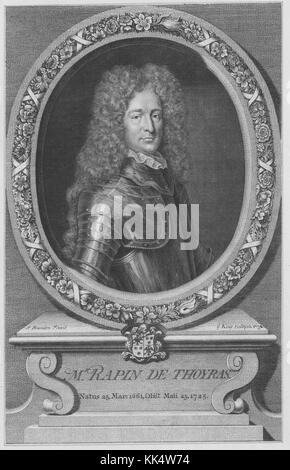 Une gravure d'un portrait de Paul de Rapin, il était un historien français, en raison de son statut de noblesse, il a également été appelé Thoyras de Rapin, il est principalement connu pour son ouvrage en dix volumes histoire d'Angleterre qui se traduit par l'histoire de l'Angleterre, dans la gravure, son portrait est entouré d'une illustration de cadre sculpté décoré de motifs floraux reposant sur un podium de pierre portant son nom et ses dates de naissance et de mort, 1750. De la Bibliothèque publique de New York. Banque D'Images