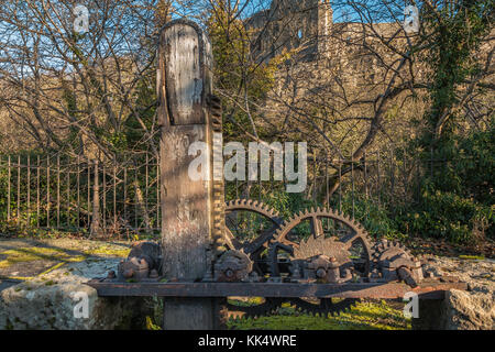 Une partie de la demeure de la vanne mécanisme du maintenant démolie Ullathorne's Mill, Barnard Castle, Angleterre du Nord-Est, Royaume-Uni Banque D'Images