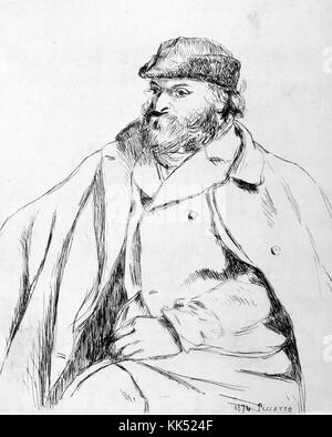 Portrait gravé de Paul Cézanne, artiste français et peintre post-impressionniste, assis, vêtu d'un chapeau, d'une veste et d'un manteau, par Camille Pissarro, 1874. de la Bibliothèque publique de New York. Banque D'Images
