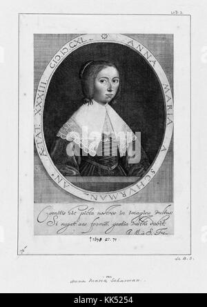 Autoportrait gravé d'Anna Maria van Schurman, peintre néerlandaise d'origine allemande, graveuse, poète et érudite, qui est surtout connue pour son apprentissage exceptionnel et sa défense de l'éducation féminine, représentée à l'âge de 33 ans, 1640. De la Bibliothèque publique de New York. Banque D'Images