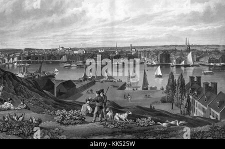 Tirage représentant plusieurs hommes, certains assis, d'autres debout, sur le flanc d'une colline, surplombant une baie avec des maisons et des bateaux, intitulé 'Baltimore from Federal Hill', par William J. Bennet, 1830. De la Bibliothèque publique de New York. Banque D'Images