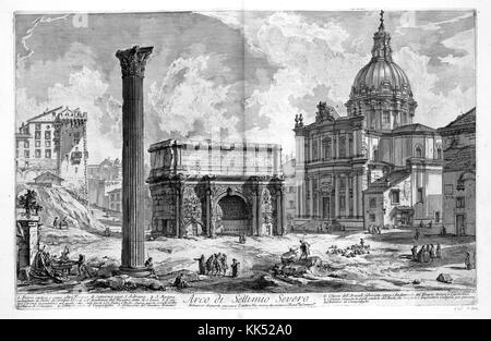 Une gravure représentant l'Arc de Septime Sévère, la structure a été construit en 203 AD pour célébrer les victoires militaires sur l'Emprire parthe par Semptimius l'Empereur Severus et ses deux fils, l'Arc de triomphe a été construit le long de la Via Sacra qui était la rue principale dans la Rome antique où des défilés ont eu lieu pour célébrer les victoires de commandants militaires, Rome, Italie, 1749. À partir de la Bibliothèque publique de New York. Banque D'Images