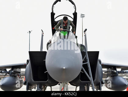 Pilote de l'US Air Force à partir de la 389e Escadron de chasse à Mountain Home Air Force Base, Alabama, le houblon dans la verrière d'un F-15E Strike Eagle à la base aérienne Tyndall, en Floride, le 9 novembre 2017 piste. Maison de montagne a été à la Tyndall de participer drapeau à damiers 18-1, un vaste exercice aérien visant à intégrer les quatrième et cinquième génération de cellules et de lutter contre un archer, Programme d'évaluation des systèmes d'armes nucléaires. Le 389FS a envoyé environ 240 aviateurs et d'exploitation et d'entretien 14 F-15E Strike Eagles à l'exercice d'une durée de deux semaines. (U.S. Photo de l'Armée de l'air par la Haute Airman Sergio A. Gamboa/Re Banque D'Images