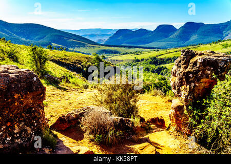 Vue sur le paysage en aval des chutes de Lisbonne près de la fenêtre de Dieu sur la route panoramique dans la province de Mpumalanga du nord de l'Afrique du Sud Banque D'Images