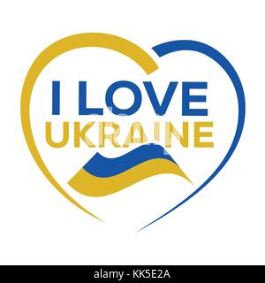J'aime l'ukraine avec contours du cœur et de l'icône du drapeau ukrainien, conception, isolé sur fond blanc. Illustration de Vecteur