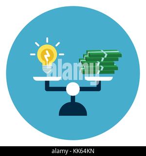 Bulle de lumière et de l'argent sur les balances de la pile bouton web icône isolé sur fond rond bleu Illustration de Vecteur