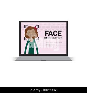 Ordinateur portable de l'utilisateur numérisation visage féminin de la technologie d'identification contrôle d'accès biométrique système concept reconnaissance Illustration de Vecteur