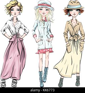 Vector set of cute girls à la mode Illustration de Vecteur