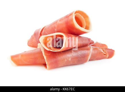 Salés à sec rouleaux de jambon serrano espagnol isolé sur fond blanc Banque D'Images