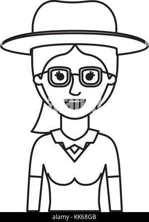 Moitié du corps Femme avec chapeau et lunettes avec chemisier et queue de cheveux en silhouette monochrome Illustration de Vecteur