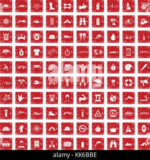 Rafting 100 icons set rouge grunge Illustration de Vecteur