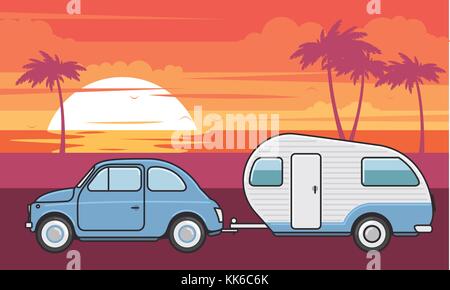 Voiture rétro avec remorque camping-car - voyage vacances d'été Illustration de Vecteur