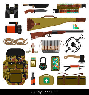 Équipement de voyage pour la chasse et équipement plat isolé sur fond blanc. Corde, boussole, couteau, allumettes, lampe de poche et autre Banque D'Images