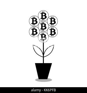 Vector illustration de fleurs bitcoin dans le pot. silhouette noire, icône, clip art isolé sur fond blanc. Banque D'Images