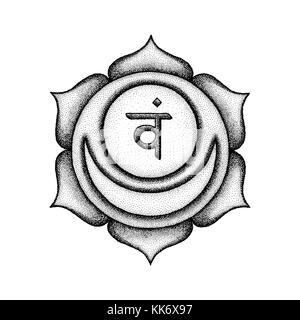 Deuxième scénario svadhishthana chakra sacré semences sanskrit mantra vam hindouisme syllabe dot. pétales de lotus style tattoo travail monochrome noir dessiné à la main s Illustration de Vecteur