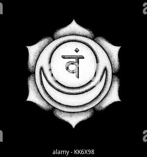 Deuxième scénario svadhishthana chakra sacré semences sanskrit mantra vam hindouisme syllabe dot. pétales de lotus style tattoo travail monochrome blanc dessiné à la main s Illustration de Vecteur