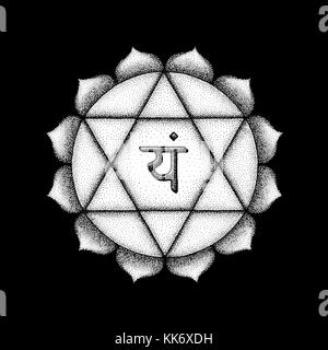 Quatrième chakra anahata coeur vecteur semences sanskrit mantra yam hindouisme syllabe dot. pétales de lotus style tattoo travail monochrome blanc dessiné à la main symbole b Illustration de Vecteur