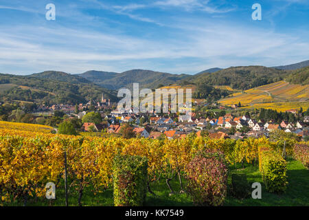 Andlau village niché entre vignes environnantes en couleurs de l'automne, contreforts des Vosges, sur la route des vins d'Alsace, France Banque D'Images