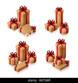 Ensemble de boîtes-cadeaux avec des arcs et des rubans. illustration isométrique sur fond blanc. Des icônes réalistes 3d vector. Illustration de Vecteur