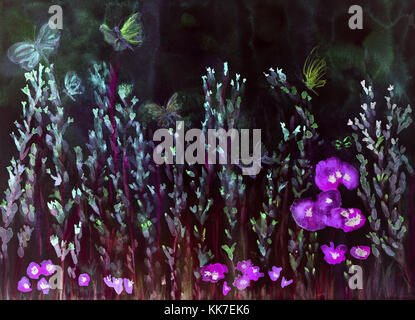 Champ de lavande de coquelicots et papillons de nuit. La technique du badigeonnage près des bords donne un effet de flou en raison de la surface modifiée ro Banque D'Images