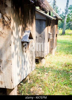 Close up à l'ancienne, vintage, ruches en bois Banque D'Images