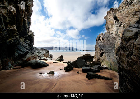 Balnakeil beach est une grande, grande plage propre et spectaculaire dans le nord de l'Écosse. face à l'ouest il offre un bain et l'a de spectaculaires couchers de soleil Banque D'Images