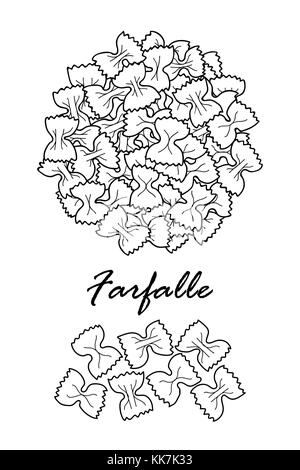 La conception de l'affiche pour les pâtes italiennes traditionnelles, farfalle au contour noir et blanc avion sur fond blanc. cute vector illustration alimentaire dessiné à la main. Illustration de Vecteur