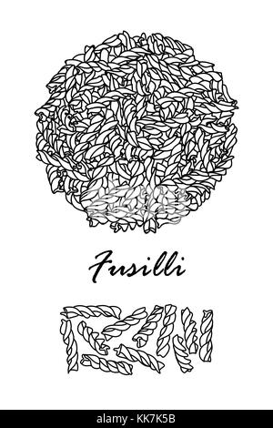 La conception de l'affiche pour les pâtes italiennes traditionnelles, fusilli au contour noir et blanc avion sur fond blanc. cute vector illustration alimentaire dessiné à la main. Illustration de Vecteur