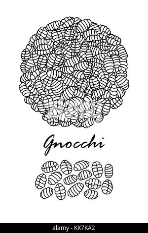 La conception de l'affiche pour les pâtes italiennes traditionnelles, gnocchi au contour noir et blanc avion sur fond blanc. cute vector illustration alimentaire dessiné à la main. Illustration de Vecteur