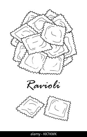 La conception de l'affiche pour les pâtes italiennes traditionnelles, ravioli au contour noir et blanc avion sur fond blanc. cute vector illustration alimentaire dessiné à la main. Illustration de Vecteur