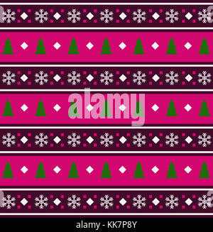 Rose de fête, blanc et violet à rayures sans arrière-plan avec des flocons et les arbres de Noël vert imprimer. Illustration vectorielle, template, modèle f Banque D'Images