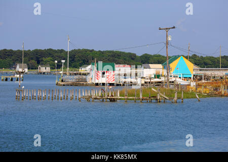 Cabanes de pêche et les quais, Tanger Island, baie de Chesapeake Banque D'Images