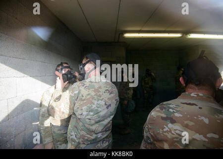 Des soldats américains avec 650e groupe du renseignement militaire de réaliser des contrôles sur leur M50 Service Commun masque à usage général à mesure qu'ils renforcent la confiance dans le masque, Centre d'appui à la formation chimique, biologique, radiologique et nucléaire du Benelux, dans la chambre d'Chièvres, Belgique, novembre 09, 2017. (U.S. Photo de l'armée par Visual Spécialiste de l'information, Pierre-Etienne Courtejoie) Banque D'Images