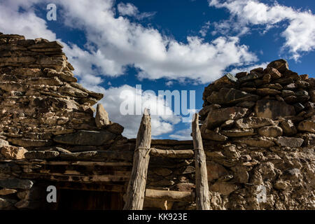 Une échelle traditionnelle d'une maison près DE KARSHA GOMPA le plus grand monastère bouddhiste dans la VALLÉE de la rivière STOD - ZANSKAR, LADAKH, INDE Banque D'Images